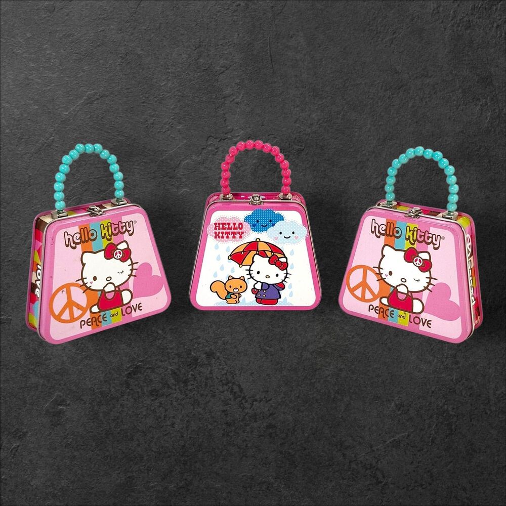 Hello Kitty Mini Purse Tins Set 3 Sanrio 2010-2012 Peace Love Kawaii Purses Cute
